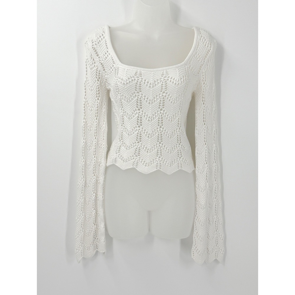 Hollister Sweater Womens sz S Crochet open Knit White Flare Sleeve Boho festival